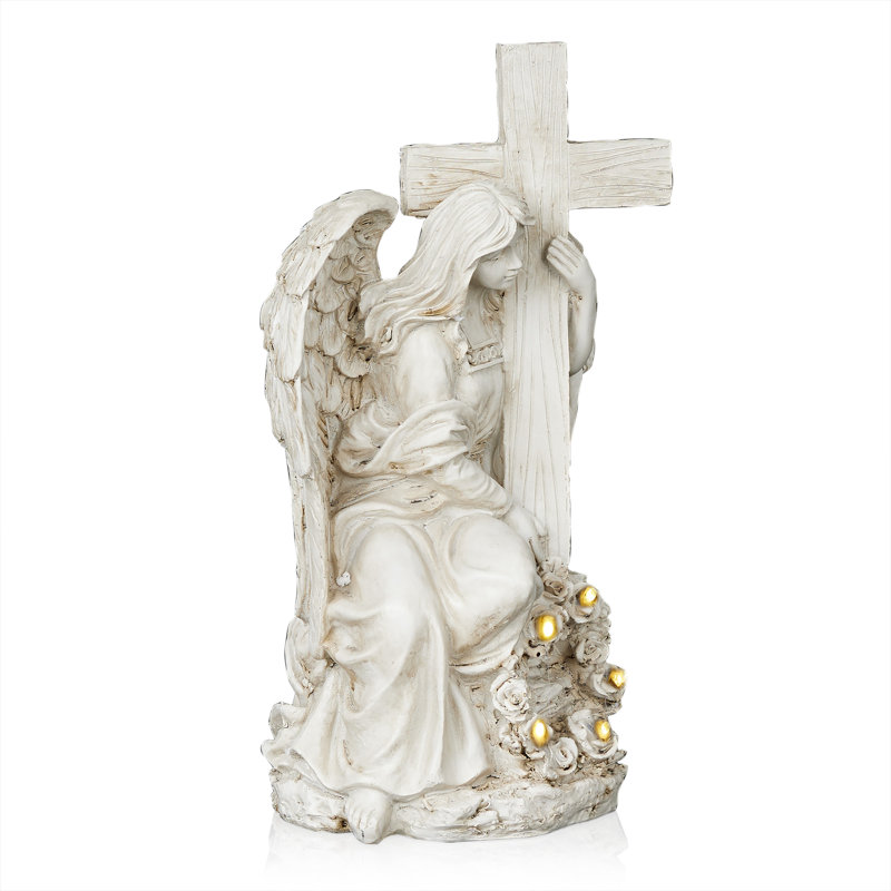 14"H Solar Angel Holding Cross Statue with LED Lights