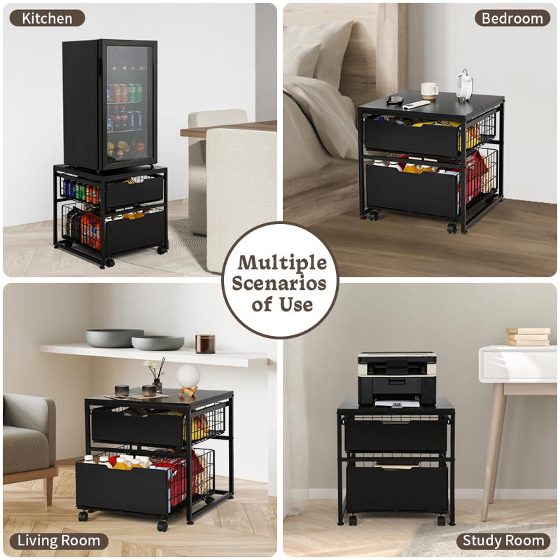 Mini Fridge Stand With Storage Drawer Basket, Mobile Mini Fridge Table, Heavy Duty Fridge Cart, Small Refrigerator Stand For Beverage Coffee Bar Dorm Mini Fridge Cabinet
