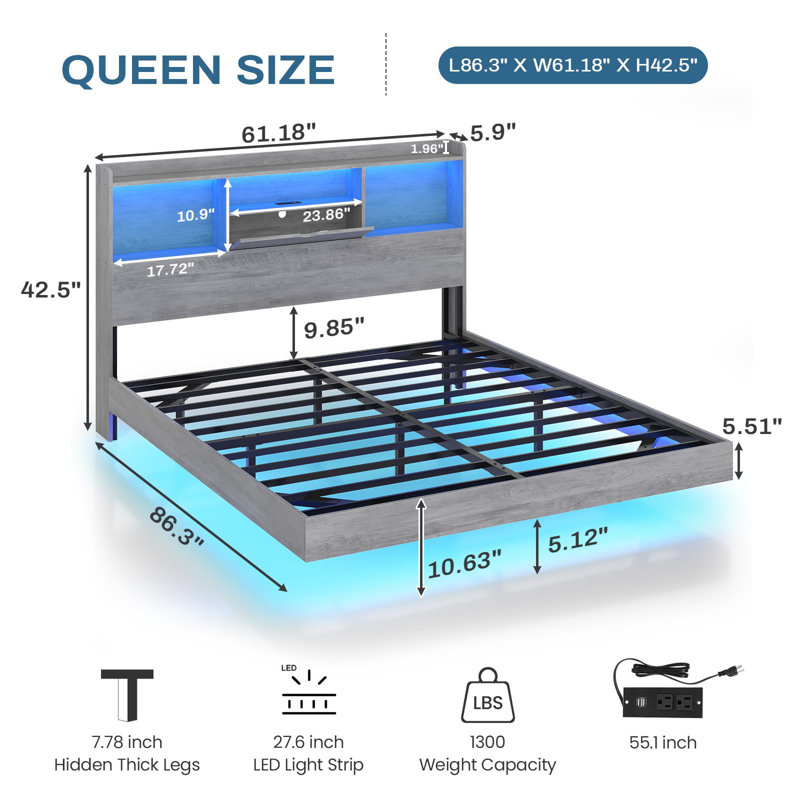Grand cadre de lit flottant avec lumières à DEL et rangement pour tête de lit, lit flottant visuel avec station de charge, lit plateforme en métal avec structure stable, pas besoin de sommier, facile à assembler