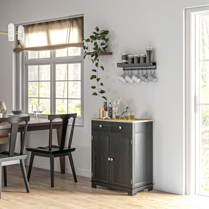 Buffet de comptoir en bois massif avec 2 tiroirs, portes et tablette réglable pour le rangement de la cuisine moderne et le bar à café