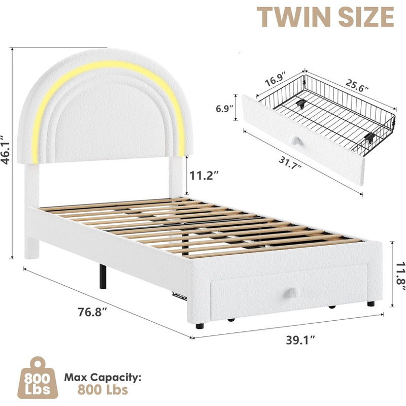 Twin Upholstered LED Bed Frame with Storage Drawer & Rainbow Headboard for Kids, White