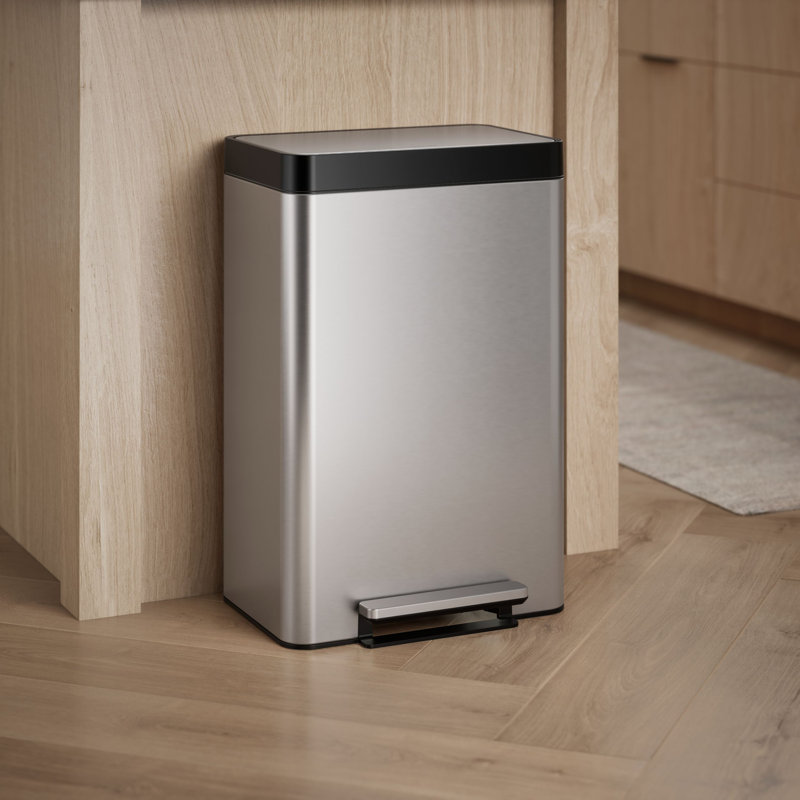 Reset 13 Gallon Kitchen Trash Can, Stainless Steel Hand Free Step Trash Can with Quiet-Close Lid, Stainless Steel, 13 Gallon