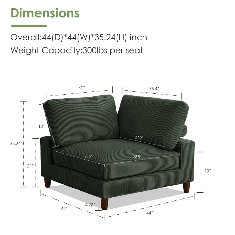44" Wide Corduroy Lazy Corner Chair With Solid Wood Legs, Green