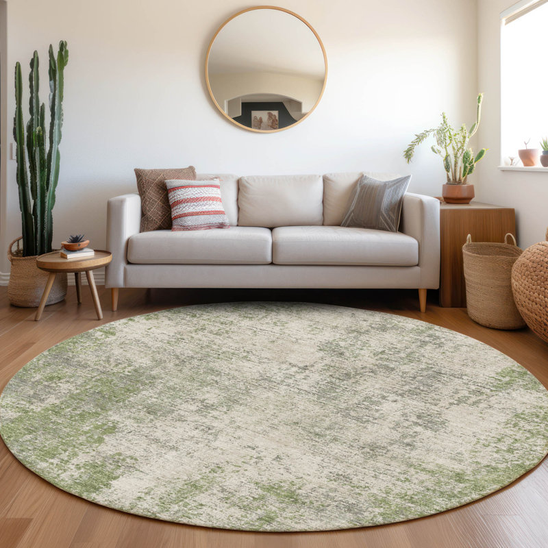 Premium Machine Washable Prisco Green Rug, Round 8'