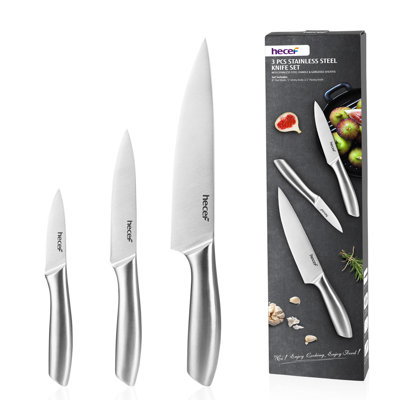 Hecef 3-Piece Kitchen Knife Set With Sheaths – Full-Tang Stainless Steel, Ergonomic Hollow Handles, Tapered Edge