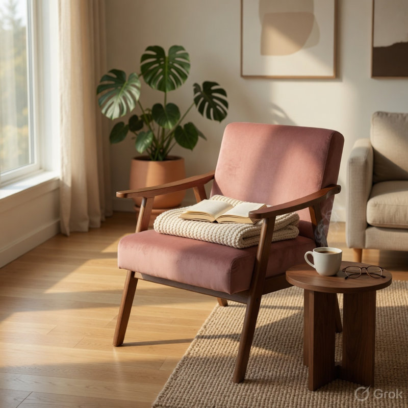 Chaise d'appoint Ryno Mid-Century, structure en bois naturel, velours rose, Velours rosé