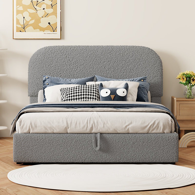 Lit plateforme double gris avec rangement caché et revêtement doux, Gris, Grand lit