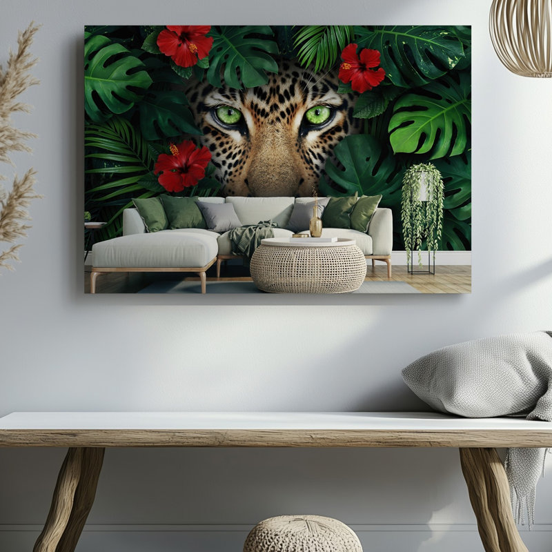 Toile, scène de jungle vibrante mettant en vedette un visage de léopard en grève, H 20 po x l 30 po