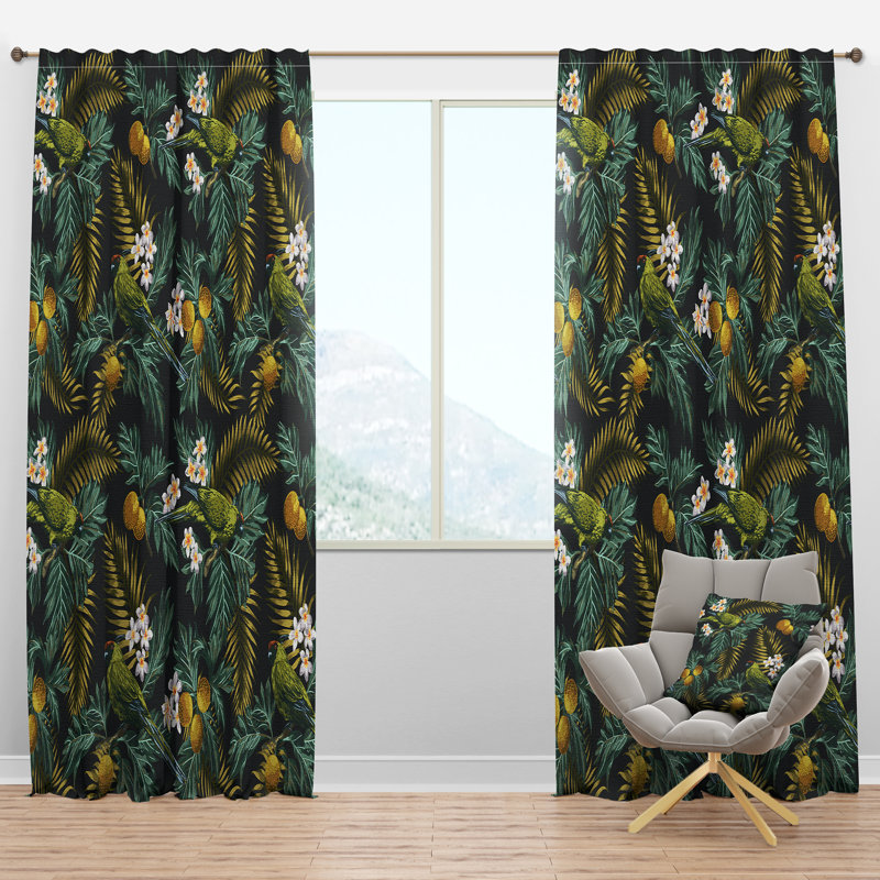 Tropical Leaves with Lemons and Bird - Abstract Curtain - Velvet Room darkening - 1 panel, 52"W x 84"L, Dark Green