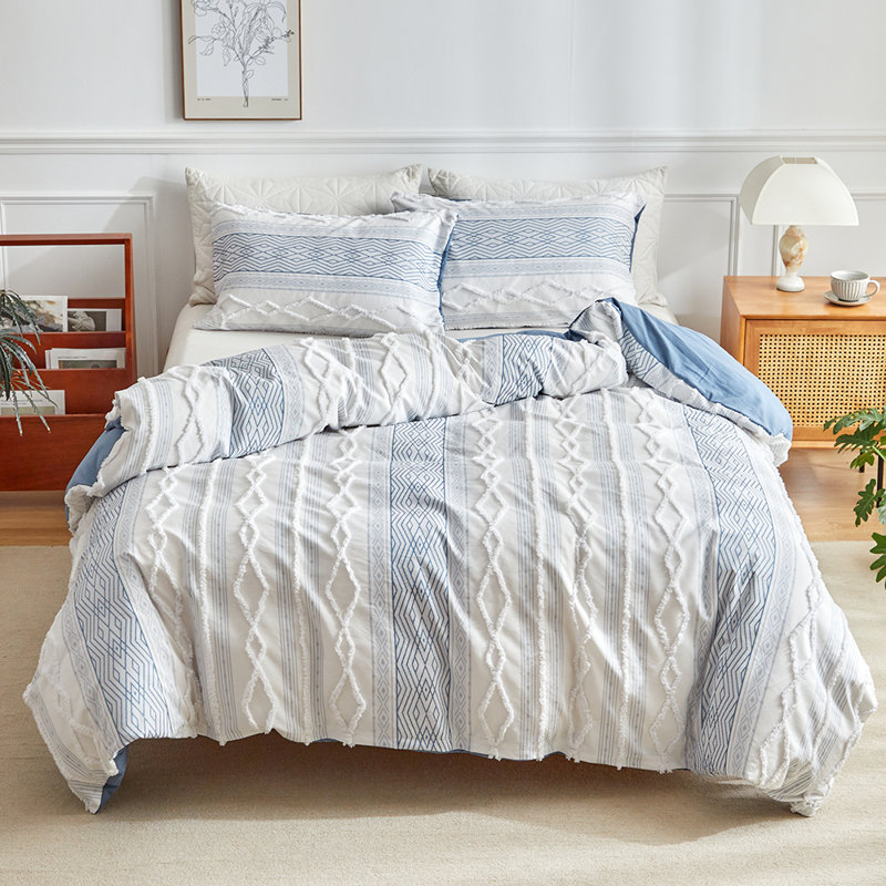  3-Piece Microfiber Tufted Chenille Duvet Cover Set, Twin Duvet Cover + 2 Standard Pillowcases, Blue