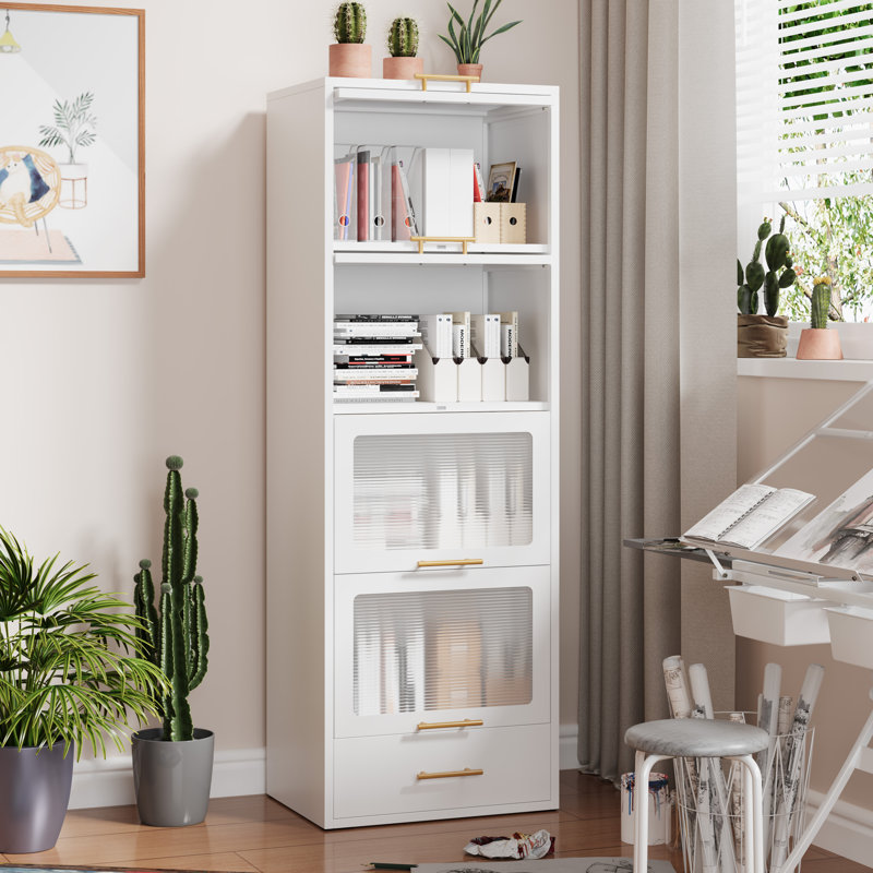 Armoire de rangement en métal avec portes rabattables et tiroir, Blanc
