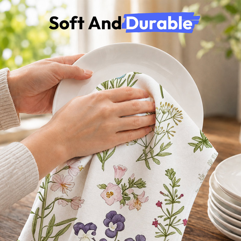 Linges de cuisine en microfibre, linges à vaisselle réutilisables absorbants, décoratifs résistants à la décoloration, 16 po x 24 po, eau-forte botanique verte
