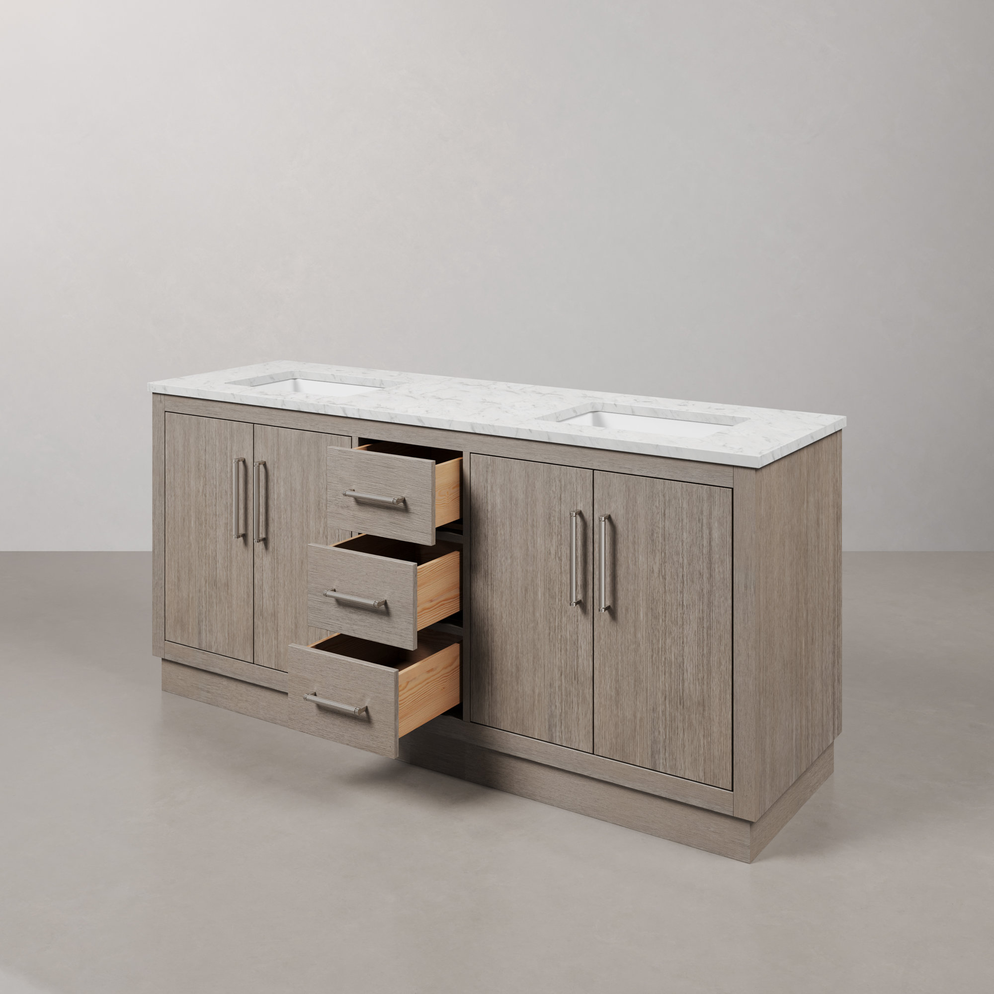 Kamila 72" Carrara White Marble Countertop Bath Vanity in Gray Oak with Mirror, Chrome