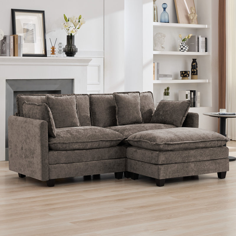 Canapé modulaire rembourré en chenille avec repose-pieds Chenille, 3, Brun