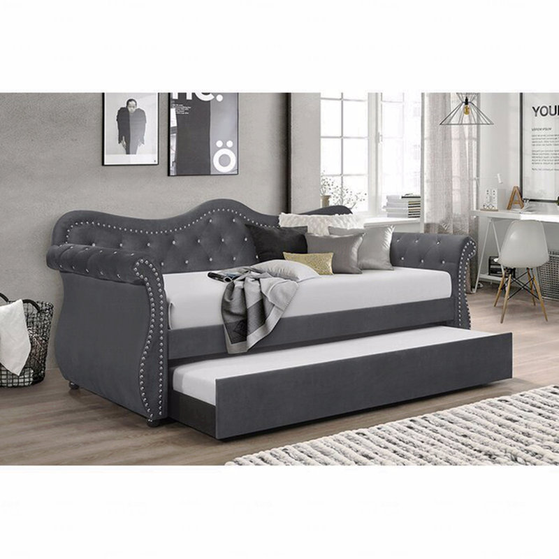 Upholstered Daybed, Velvet Wood Trundle Daybed, Gray