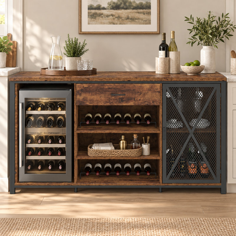 Rustic brown home bar cabinet with a black metal frame, featuring a built-in wine cooler space, center wine racks, and a mesh cabinet door.