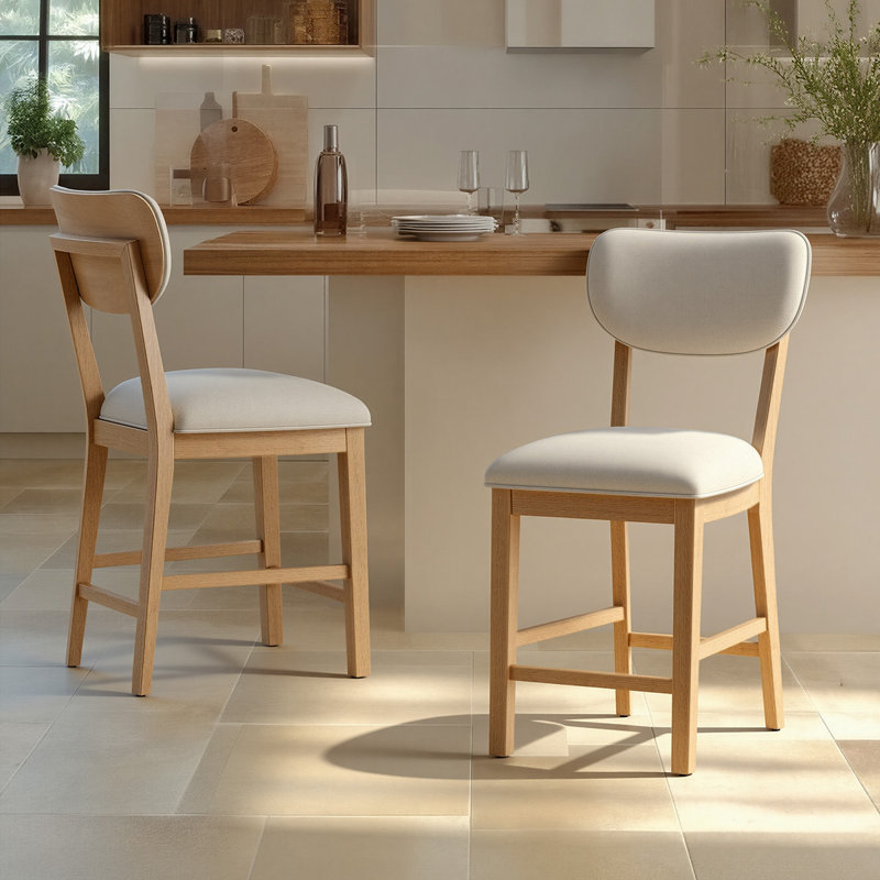 Tabouret de bar moderne en bois massif avec dossier rembourré, Naturel