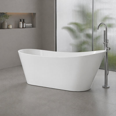 55" Freestanding Acrylic Soaking Bathtub, Oval Slipper Tub with 15.3" Soaking Depth and Integrated Overflow, Glossy White