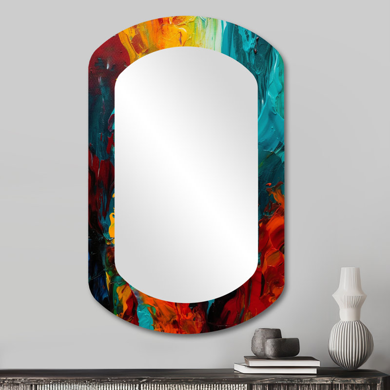 Getchell Yellow and Turquoise Journey Of Abstraction II - Abstract Asymmetrical Decorative Mirror, Modern Cylinder Wall Mirror, Printed Metal Art
