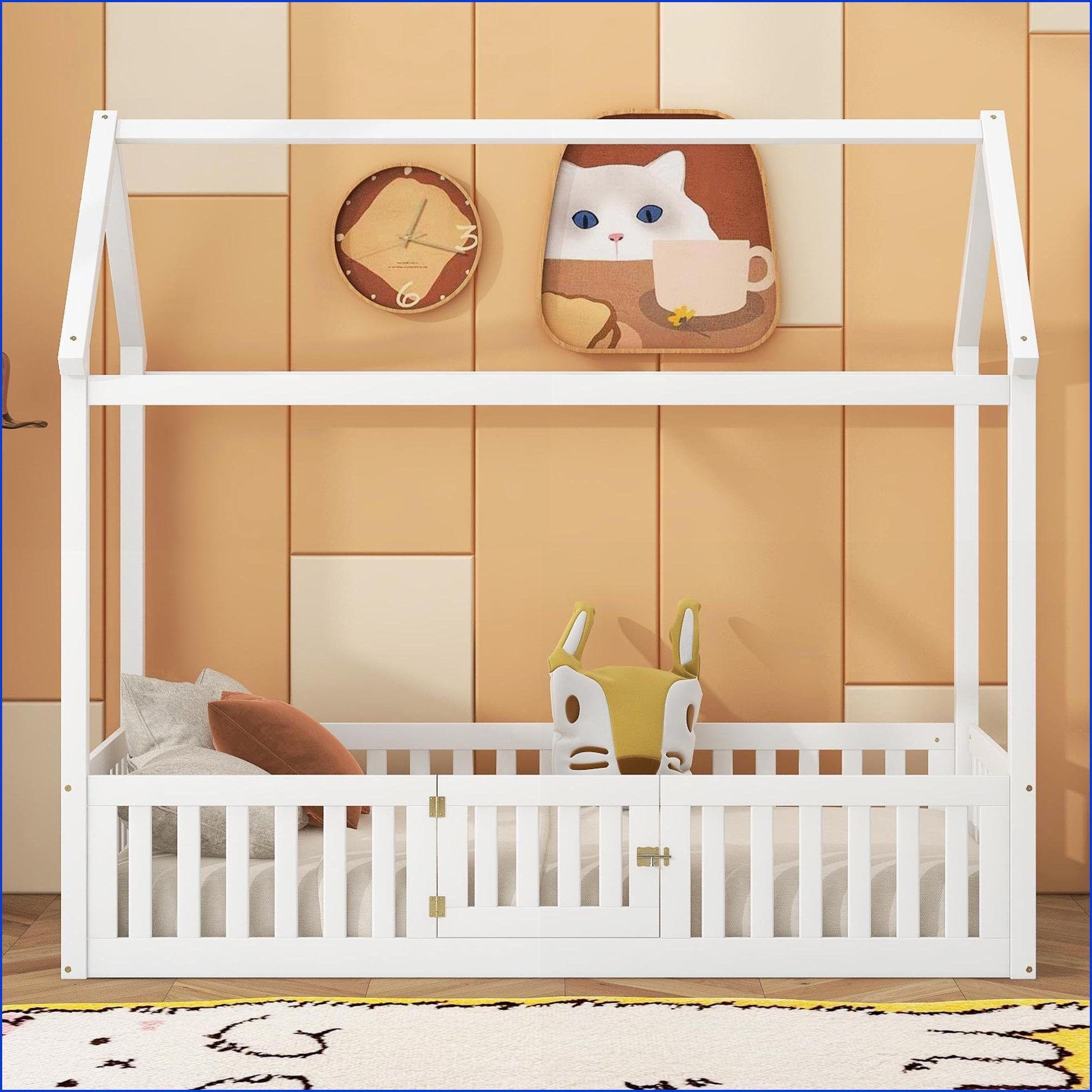 Latitude Run® Twin Size Solid Pine Wood House Platform Bed with Fence ...