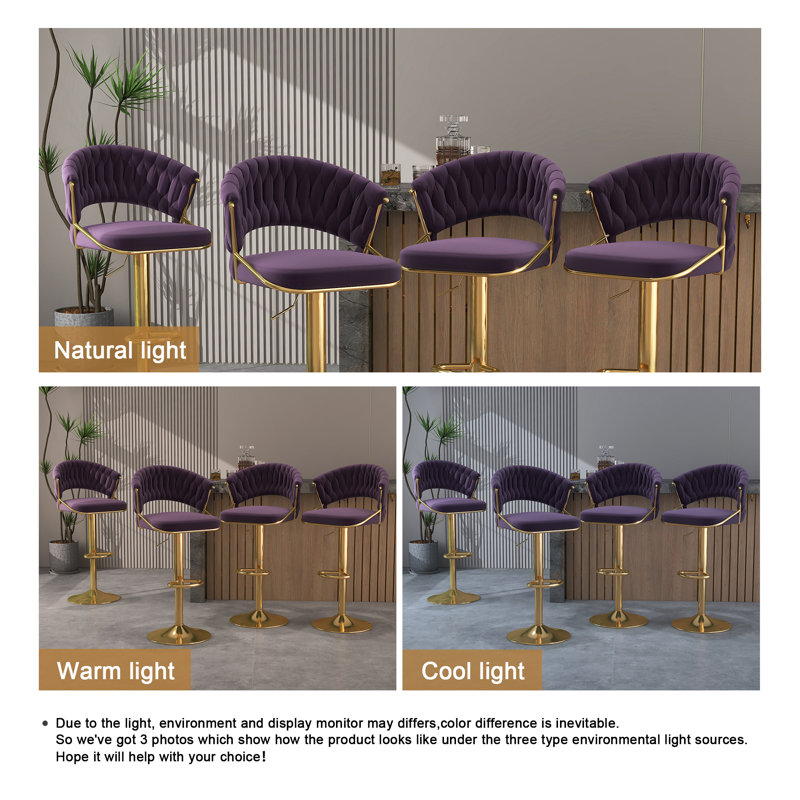 Christal Swivel Upholstered Adjustable Height Counter Stool, Purple, Gold