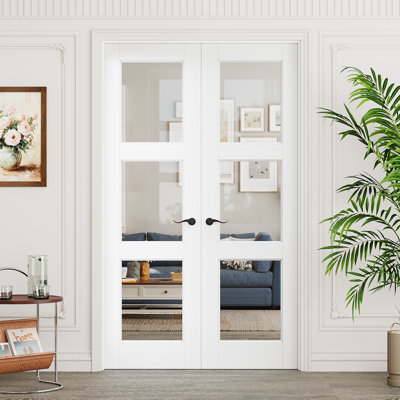 Interior 3-Lite Clear Glass Door, CARB P2 MDF & SGCC Tempered Glass French Doors, Matte Black Hardware-Privacy Door Lever with Lock, Latch & Hinges, Pre‑Finished & Waterproof, Pantry, Bedroom, Bathroom & Closet, Easy DIY Stain, 36"x 80"