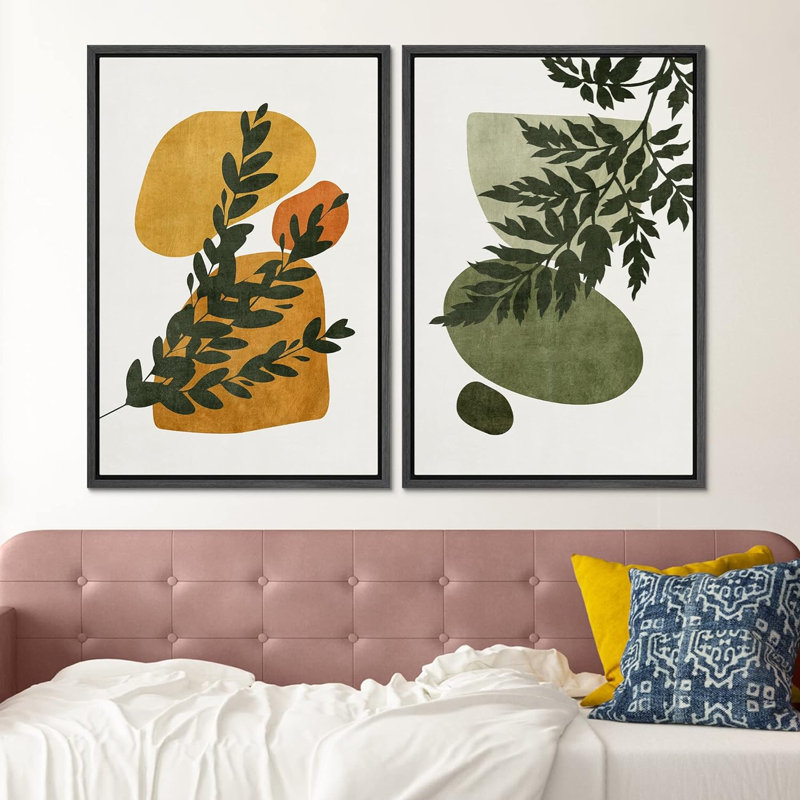 Formes de fougère de style Mid-Century, collage, formes abstraites, art moderne, décoration murale, nature nordique, 2 pièces