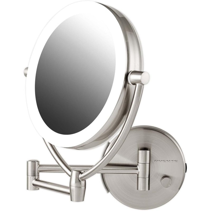 Miroir de maquillage mural lumineux 7,5 po Ovente, loupe 1X et 10X, DEL ronde double face avec gradateur, bras extensible, rétractable et pliant, nickel brossé alimenté par pile USB MLW75BR1X10X