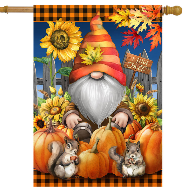 Drapeau de maison gnome et citrouilles, Automne orange/rouge/marine