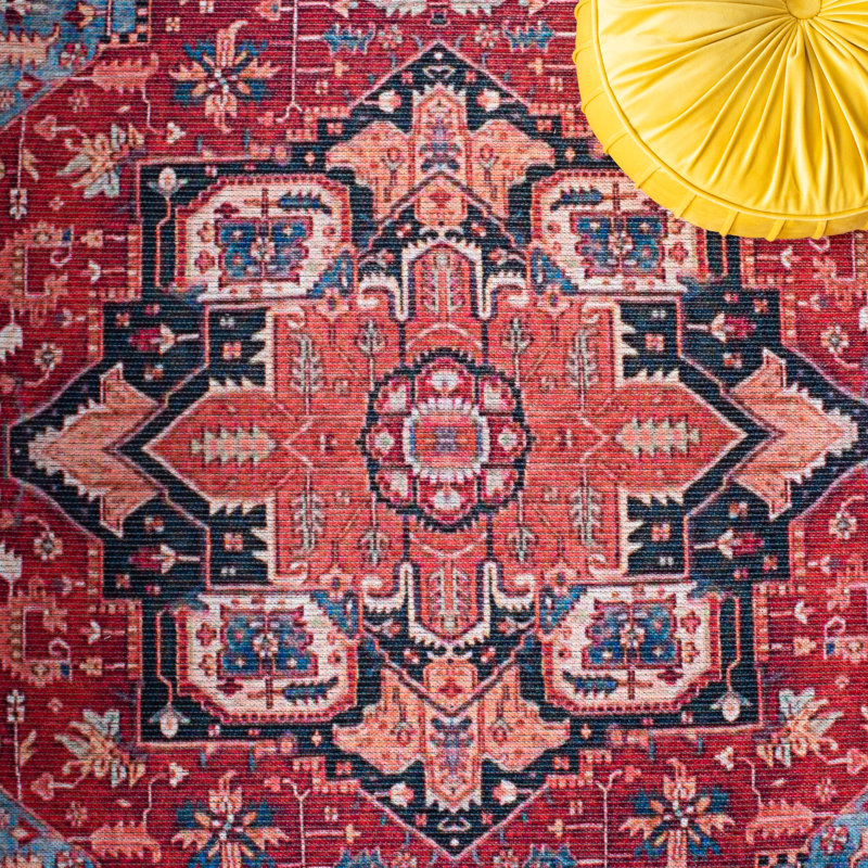 Abbeigh Oriental Cotton Red/Blue Area Rug, Round 6'7"