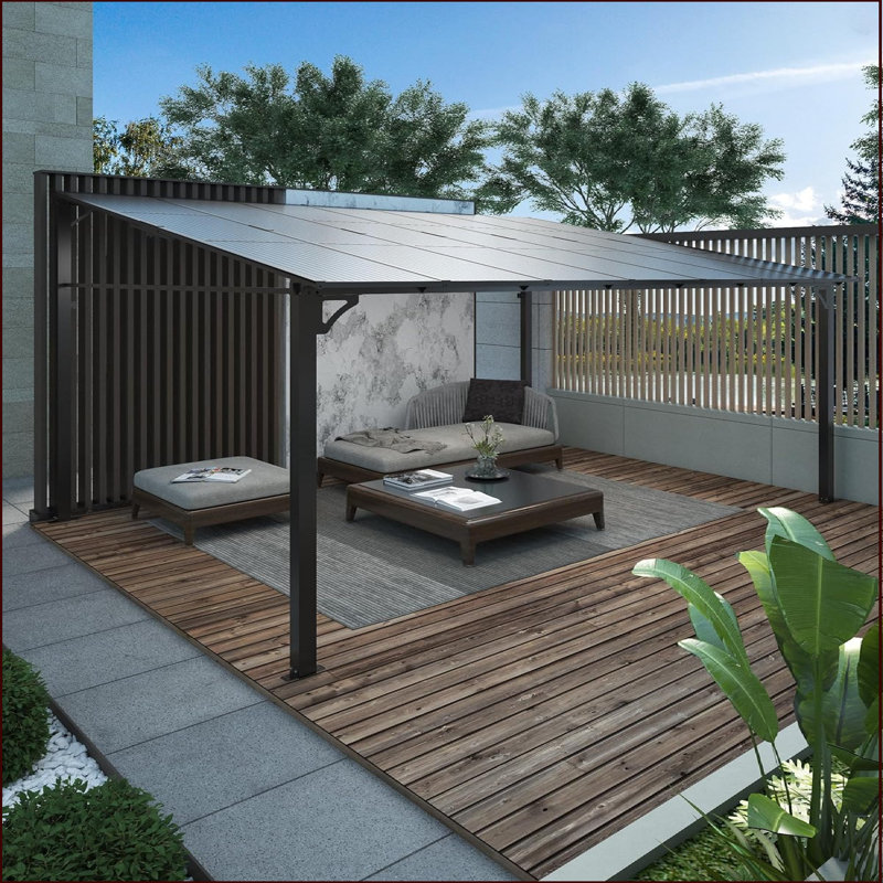 12' X 14' Lean To Gazebo, Hardtop Wall Pergola With Polycarbonate Roof, Aluminum Frame Mounted Gazebo For Lawn Patio Deck Yard And Party