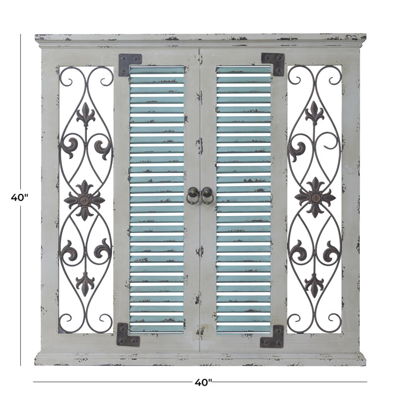 Alvardo Beige Wooden Scroll Window Shutter Home Wall Decor with Metal Scrollwork Relief, 40" x 2" x 40"