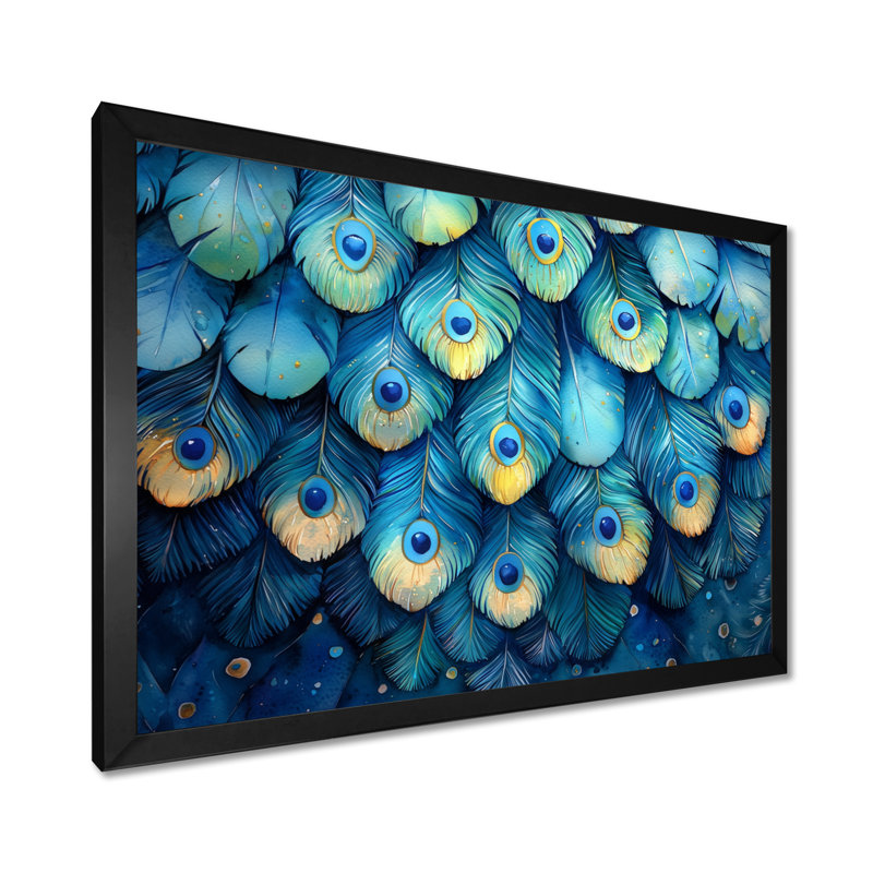Peacock Feather Collage - art mural oiseau, Cadre simple, Noir, H 12 po x l 20 po