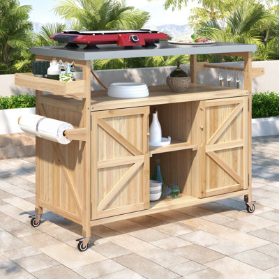 Îlot de cuisine extérieur, chariot à roulettes et armoire de rangement, table de barbecue d'extérieur en bois massif avec plateau en acier inoxydable, support à épices, porte-serviettes pour la cuisine et le barbecue
