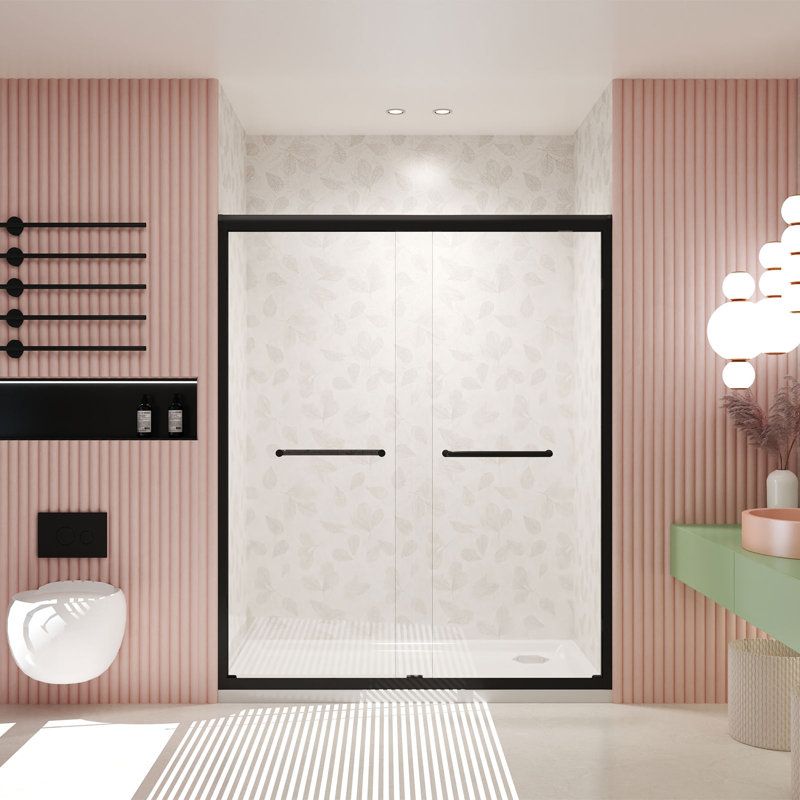 44-48" W × 72" H Tempered Glass with Explosion Proof Film, Aluminum Frame Double Sliding Shower Door, "1/4 (6 mm), Stainless Steel handle, Matte Black