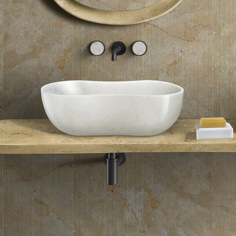 White Natural Marble Bathroom Vessel Sink, Semi-Polished Stone, 23.6 X 14.2 In. | Gift Idea, White/Natural