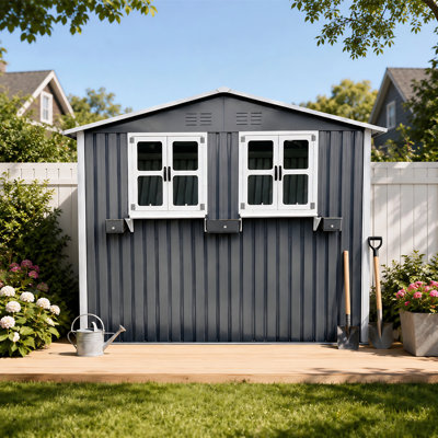 9' x 6' Outdoor Metal Storage Shed with Windows, Flower Box Rack and Lockable Double Doors