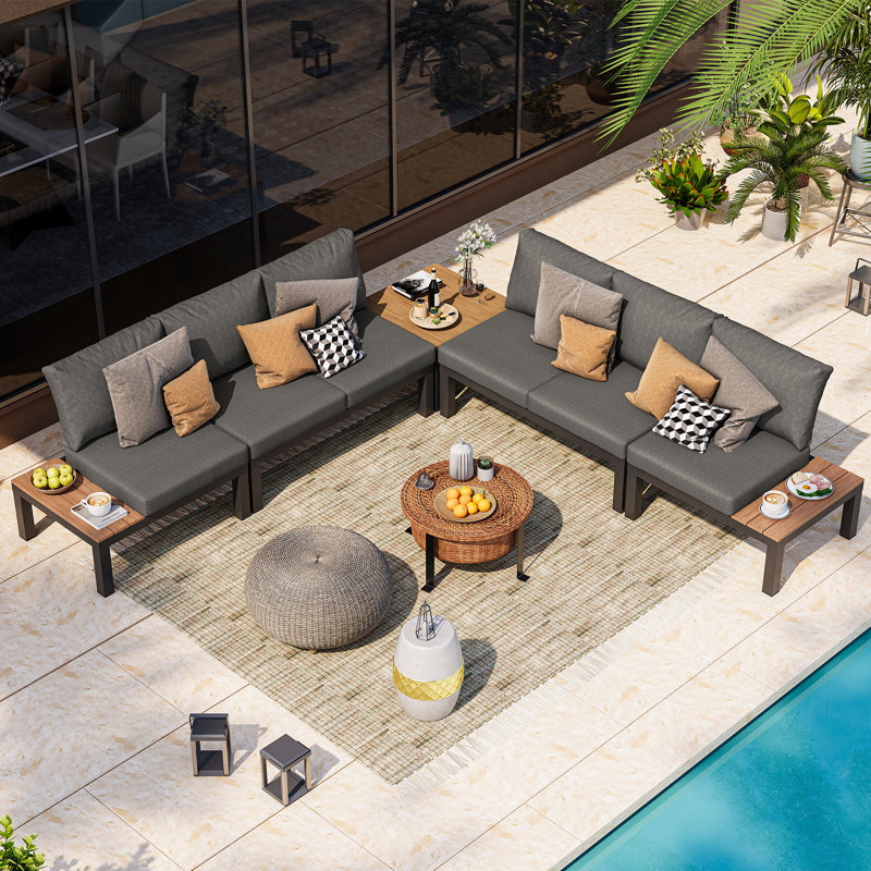 Ensemble de conversation modulaire en aluminium 7 pièces pour patio avec canapé inclinable 9 positions, coussins et table basse