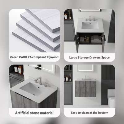 Meuble-lavabo suspendu de 61 cm (24 po) avec lavabo en céramique, portes à fermeture amortie, comptoir et dosseret en marbre reconstitué blanc granité de 1,5 cm (0,6 po), armoire en contreplaqué, chêne gris