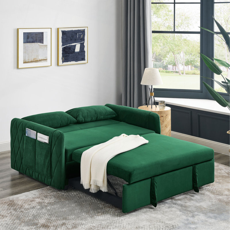 55" Modern Convertible Sofa Bed With 2 Detachable Arm Pockets, Velvet Loveseat Sofa With Pull Out Bed, 2 Pillows And Living Room Adjustable Backrest, Grid Design Armrests