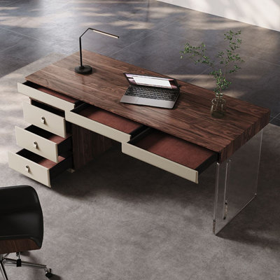 Solid wood desk Walnut wood color Light luxury modern home study desk with drawers