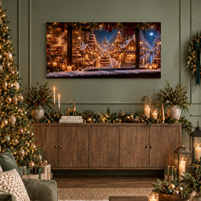 Gingerbread Village Street Scene With Snow And Christmas Canvas Wall Art