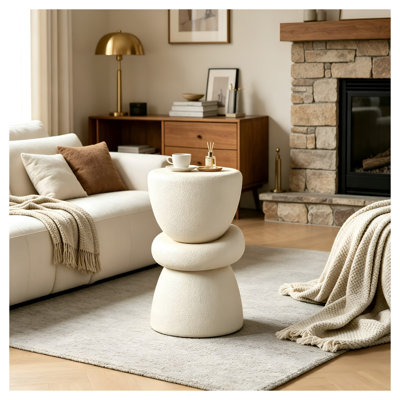 Table d'appoint empilable organique sculpturale, table de bout ronde en fibre de verre texturée crème pour canapé d'angle de salon, aucun assemblage requis