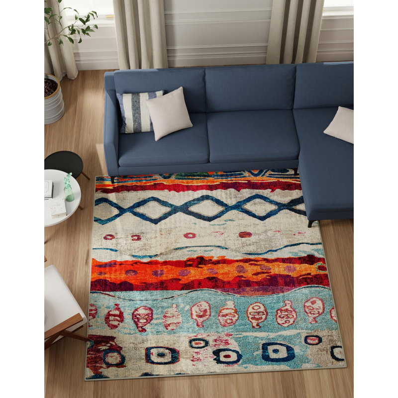 Tapis en polypropylène tissé à la machine en bleu sarcelle / orange / beige, Carré 7 pi 10 po