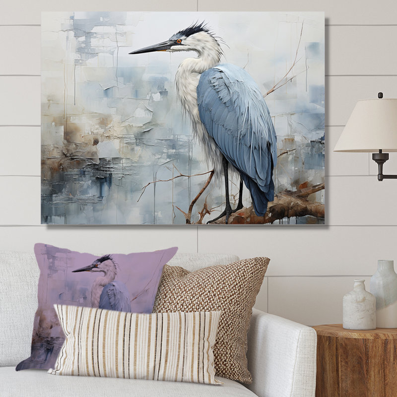 «Blue Great Heron In Miminal Harmony I», art mural héron, H 34 po x l 44 po x P 1,5 po, Toile tendue