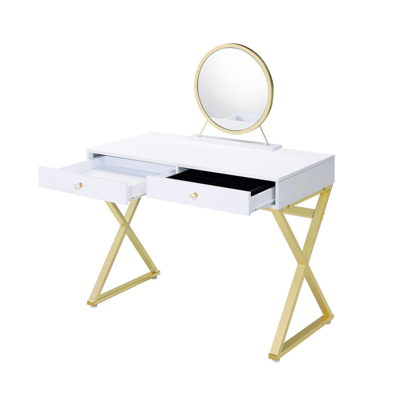 Bureau de meuble-lavabo rectangulaire blanc et doré avec poignée en cristal, structure en métal, plateau à bijoux avec miroir, glissière centrale à 2 tiroirs avec accents, forme, miroir amovible, rangement