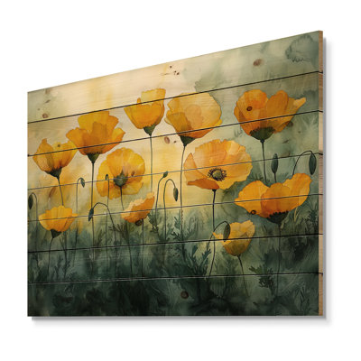 Golden Hour Poppies In Summer II - coquelicots, art mural sur bois de pin naturel