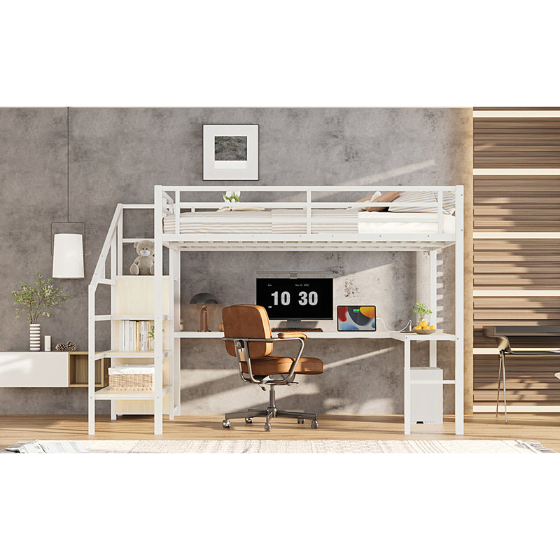 Lit mezzanine à grain de bois blanc avec grand lit, escalier, charge, luminaire à DEL et garde-robe pour la chambre des adolescents, rangement
