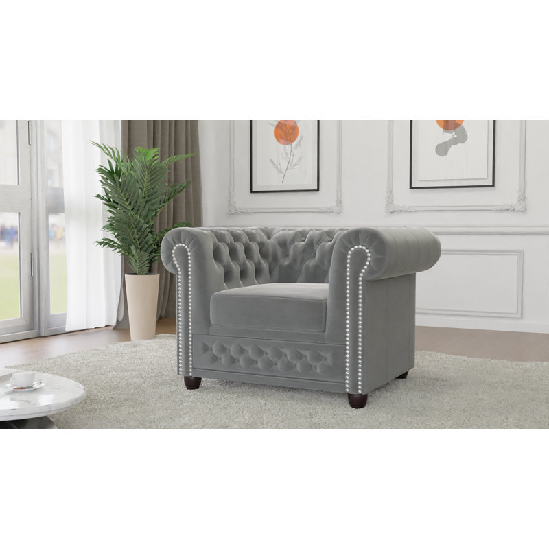 Chesterfield Armchair Hanna Made of Velvet Fabric with Solid Wood Legs, Grey