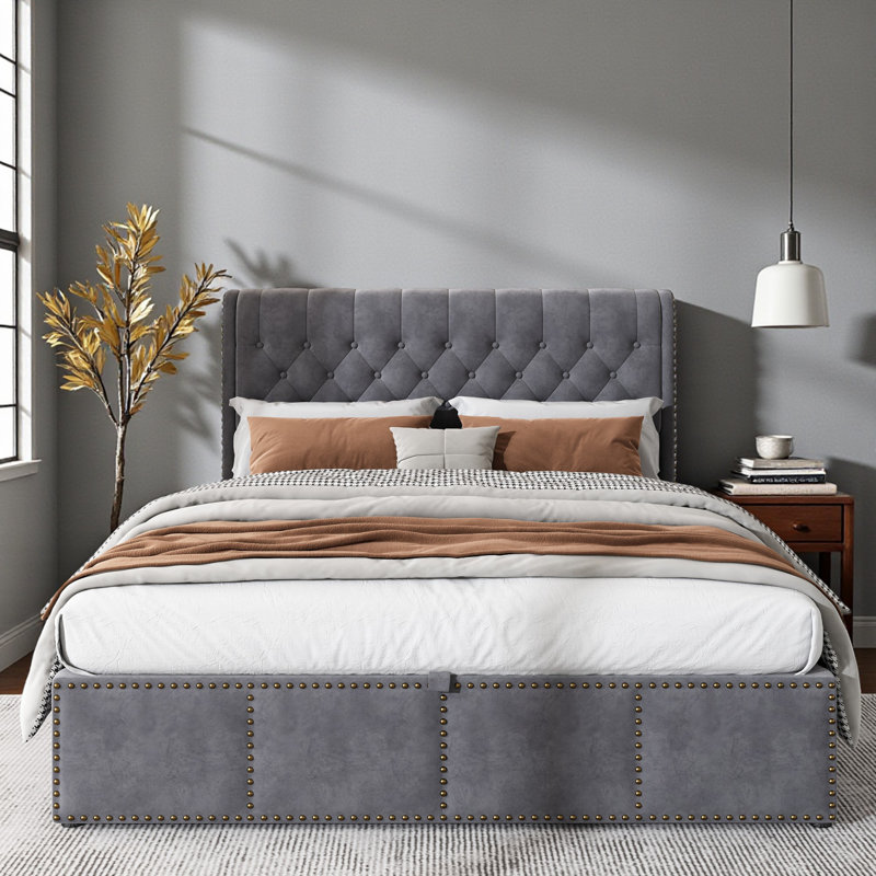 Caddo Velvet Upholstered Bed With Hydraulic Lever, Functional Storage Bed, Rivet Decoration, Kingsize (5'), Grey